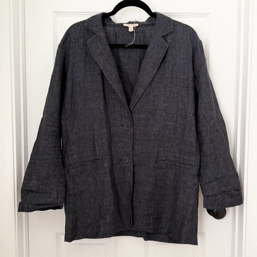 Women Eileen Fisher Linen Denim Two Button Lightweight Blazer Black Extra Small - Picture 1 of 8